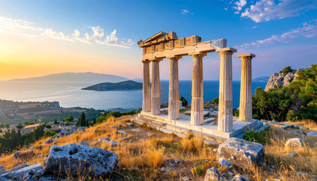 Sunset view of the Temple of Poseidon in Athens, Greeceの素材
