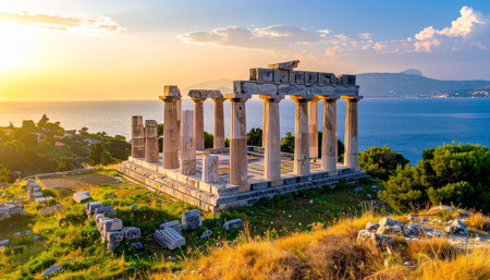 Ruins of the Temple of Athena Nike at sunset, Athens, Greeceの素材
