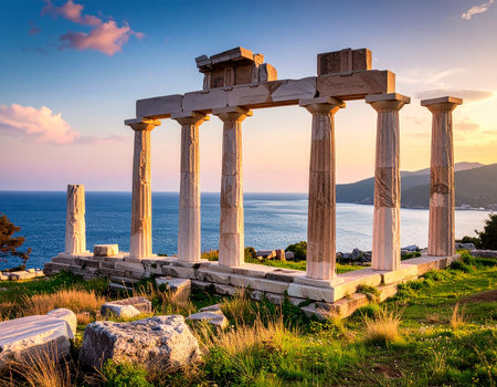 Ruins of the ancient Greek temple of Poseidon at sunset in Greeceの素材