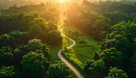 Aerial view of road in green forest at sunset. Nature backgroundの素材