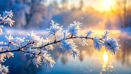 Frozen branches of a tree against the background of the setting sunの素材