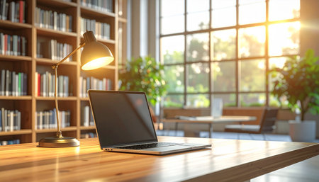 Laptop and lamp on wooden table in modern office. 3D Renderingの素材