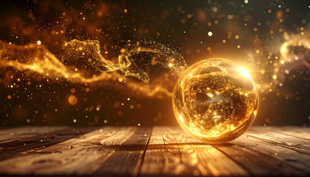 Magic crystal ball on a wooden deck. 3D Rendering.の素材