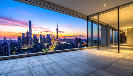empty brick floor and modern city skyline in shanghai at sunsetの素材