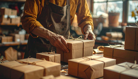 Cropped image of male shoemaker working with boxes in his workshopの素材