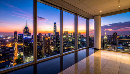 Panoramic view of Frankfurt am Main skyline at sunset, Germanyの素材