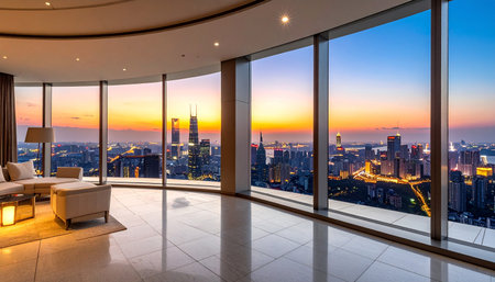 Luxury living room with panoramic view of Shanghai skyline at sunsetの素材