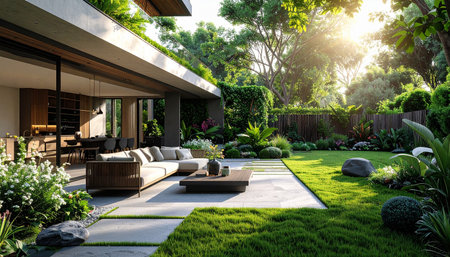 Outdoor patio in the garden with cozy furniture and beautiful landscapingの素材