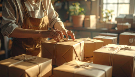 Cropped image of young man packing parcel boxes in the warehouse.の素材