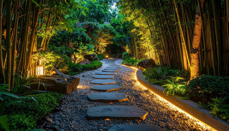 Pathway in the garden at night with light from lanterns.の素材