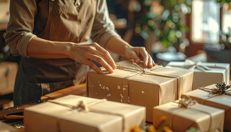 Cropped image of female hands packing christmas gifts in craft paperの素材