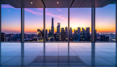 empty floor and modern city skyline with buildings in shanghai at sunsetの素材