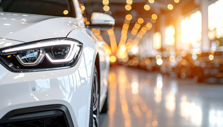 Selective focus point on Headlight of car in showroom backgroundの素材