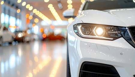 Close up of white car headlight on blurred background of car showroomの素材