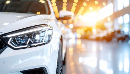 Car headlight with bokeh light in car showroom backgroundの素材