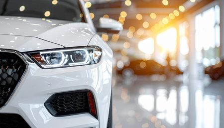 Close-up of the headlights of a modern white car in the showroomの素材