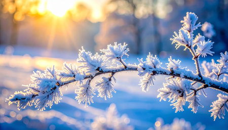 Hoarfrost on the branches of a tree in the rays of the setting sunの素材