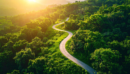 Aerial view of road in green forest at sunset. Nature landscape backgroundの素材