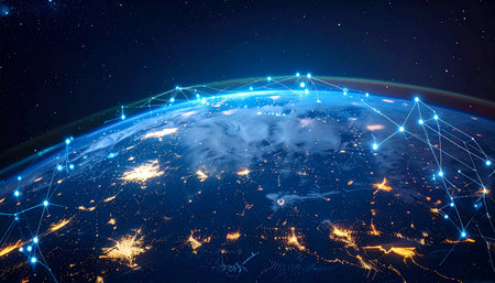 Global network on planet Earth at night with glowing lines and city lights. 3D illustration.の素材