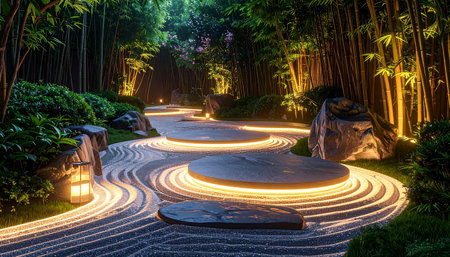 Garden with lanterns in the night. Long exposure photography.の素材