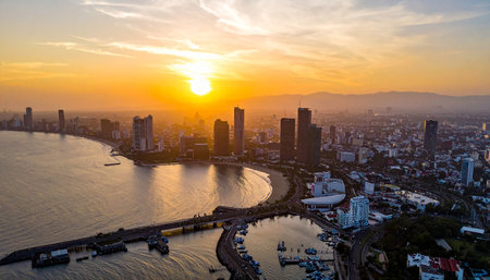 Aerial view of Pattaya cityscape at sunset, Thailand.の素材