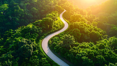 Aerial view of winding road in green forest with sun rays.の素材