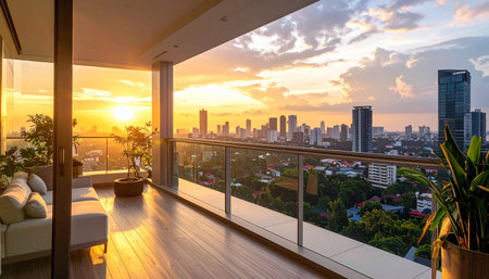 Luxury balcony overlooking the city at sunset, Bangkok, Thailandの素材