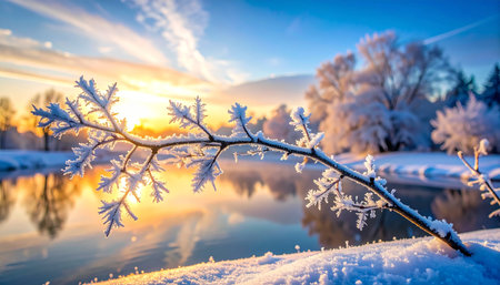 Winter landscape with frozen tree branches on the shore of the lake at sunsetの素材