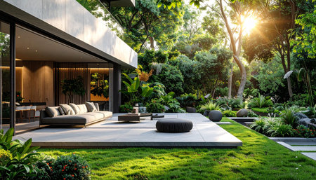 Modern house exterior with garden view and sunbeams. 3d renderingの素材