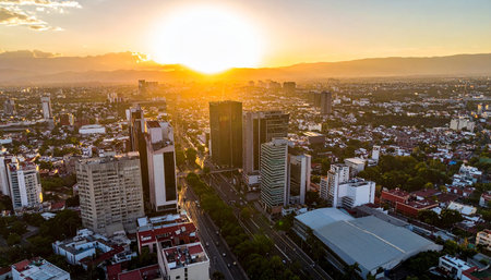 Aerial view of the city of Kuala Lumpur at sunset, Malaysiaの素材