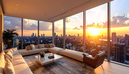 Modern living room interior with panoramic view of the city.の素材
