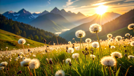 Beautiful alpine meadow with dandelions and mountains in background at sunsetの素材