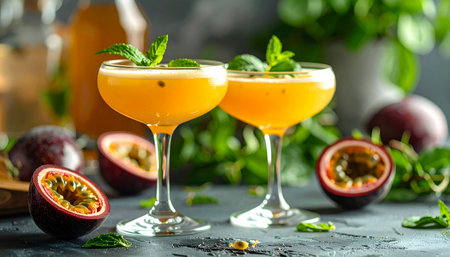 Refreshing summer cocktail with passion fruit, mint and ice.の素材