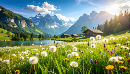 Idyllic spring alpine meadow with dandelions and mountains in the backgroundの素材
