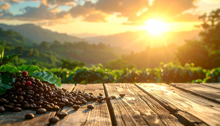 Coffee beans on wooden table in coffee plantation with sunrise backgroundの素材