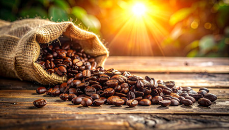 Coffee beans in a burlap bag on a wooden tableの素材