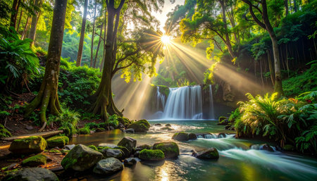 Beautiful waterfall in the forest with sunlight and green nature background.の素材