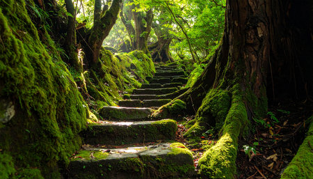 Staircase in the forest with green moss and fernsの素材