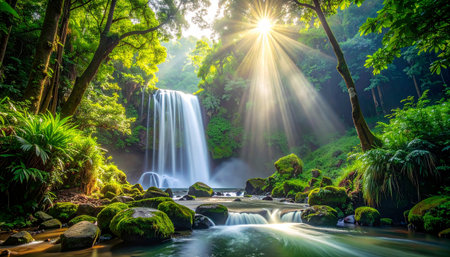 Beautiful waterfall in the rainforest with sunlight and green leaves.の素材