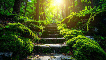 Staircase in the forest with green moss and sun rays.の素材