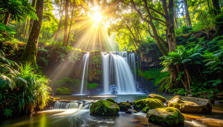 Beautiful waterfall in the tropical forest with sunlight and green leaves.の素材