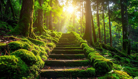 Staircase in the forest with green moss and sun rays.の素材