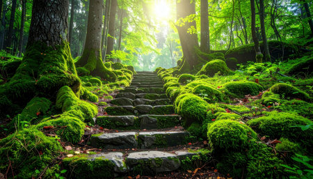 Mossy stairs in the green forest with sunlight and lens flareの素材