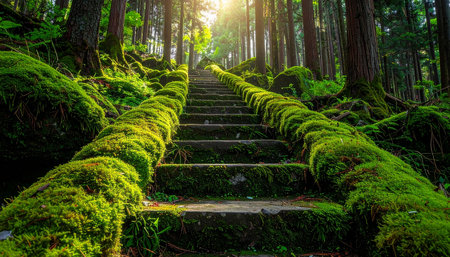 Staircase in the forest with green moss, natural background.の素材