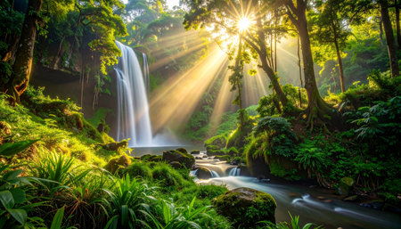 Beautiful waterfall in the tropical rainforest at Doi Inthanon National Park, Thailandの素材