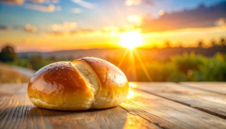 Bread on a wooden table against the backdrop of the setting sunの素材