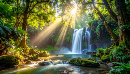 beautiful waterfall in tropical forest with sunlight rays and lens flare effectの素材