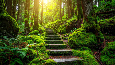 Stairs in the forest with moss and ferns at sunsetの素材