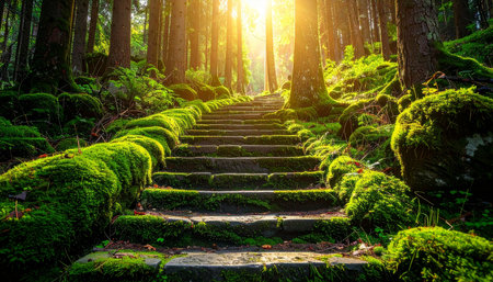 Stairs in the forest with moss and sunlight. Beautiful nature backgroundの素材