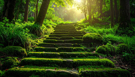 Stone stairway in the forest with sunlight and green nature background.の素材